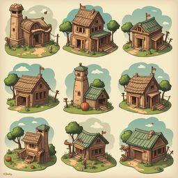 Nine whimsical houses, each unique in style and color, populate a quaint village scene with red flags, trees, and roofs.