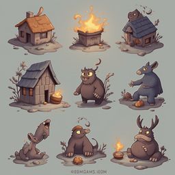 Nine whimsical houses, each with unique features and creatures, are arranged in a 3x3 grid against a light blue backdrop.