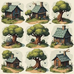 Nine whimsical houses with green roofs, trees, and birds are arranged in a 3x3 grid against a light beige backdrop.