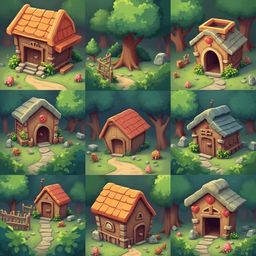 Nine whimsical houses with orange roofs, wooden doors, and windows are scattered across a lush green forest, complete with paths, trees, and small animals.