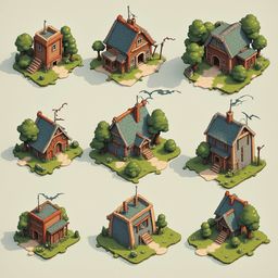 Nine whimsical houses with unique designs and features are arranged in a 3x3 grid on green isometric terrain.
