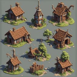 Nine whimsical houses with unique designs and features are arranged in a 3x3 grid on a vibrant green backdrop.