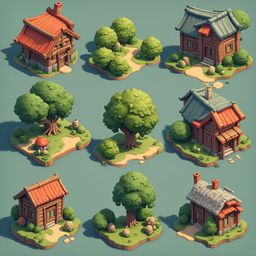Nine whimsical houses with unique designs and colors are arranged in a 3x3 grid on a light green background.