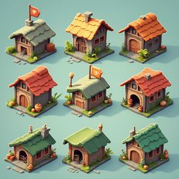 Nine whimsical houses with unique features and colors are arranged in a 3x3 grid against a light blue backdrop.