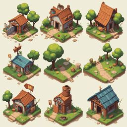 Nine whimsical houses with unique features and colors are arranged in a 3x3 grid on a grassy isometric terrain.