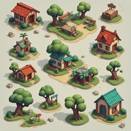 Nine whimsical houses with unique features and colors are scattered across a lush green island, connected by paths and surrounded by trees.