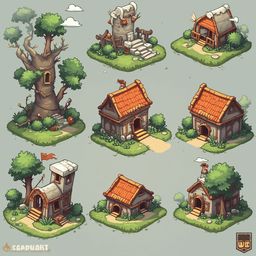 Nine whimsical houses with unique features are arranged in a 3x3 grid on a light green isometric background.