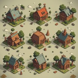 Nine whimsical houses with unique features are arranged in a 3x3 grid on a light green isometric background.
