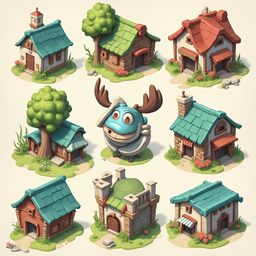 Nine whimsical houses with unique features are arranged in a 3x3 grid, featuring a blue monster in the center.