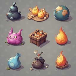 Nine whimsical illustrations feature various objects and creatures, including animals, celestial bodies, and abstract forms, arranged in a 3x3 grid.