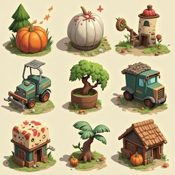 Nine whimsical illustrations showcase a pumpkin, tree, house, tractor, bonsai, treehouse, and pumpkin house.