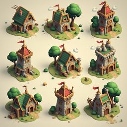 Nine whimsical medieval houses, each unique in design, color, and function, are arranged in a 3x3 grid on a light beige background.