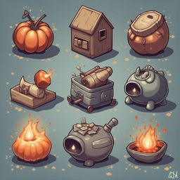 Nine whimsical objects, including a pumpkin, wooden house, barrel, cannon, scroll, fire-burner, teapot, and bowl, are arranged in a 3x3 grid.