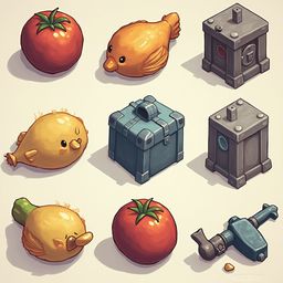 Nine whimsical objects, including a tomato, bird, fish, and chest, are arranged in a 3x3 grid against a light beige backdrop.