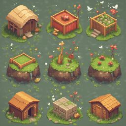 Nine whimsical pixel art houses and structures, varying in design, color, and features, populate a lush green setting.
