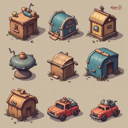 Nine whimsical, wooden houses in various colors and designs are scattered across a grassy terrain.