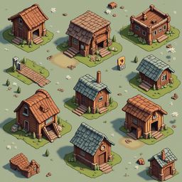 Nine wooden houses with varying roof styles and features are arranged on a grassy field, surrounded by trees and flowers.