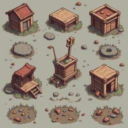 Nine wooden structures with red roofs, windows, and doors are arranged on a grassy terrain, featuring rocks, plants, and tools.