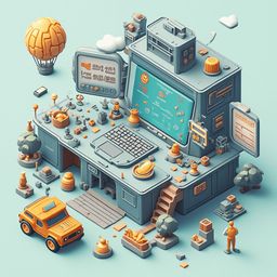 An orange and blue 3D-rendered machine with screens, buttons, and objects sits on a blue-green platform, accompanied by a small figure and a hot air balloon.