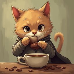 An orange cat, wearing a green hoodie and cape, drinks from a white mug on a table surrounded by coffee beans.