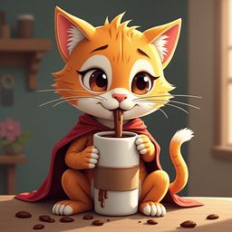 An orange cat, wearing a red cape, drinks from a white mug with a brown lid, surrounded by scattered chocolate beans.