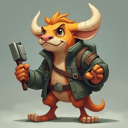 An orange creature with large horns, wearing a green jacket and holding a hammer, stands confidently with outstretched arms and a playful expression.