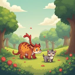 An orange creature with red hair and a smaller gray creature stand in a lush green forest, surrounded by red flowers and a light blue sky.