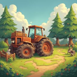 An orange tractor with black tires and coworkers stands on a dirt path, surrounded by lush greenery, flowers, and clouds.