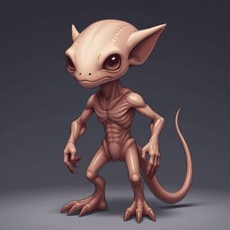 A pale, winged creature with red eyes and sharp claws stands against a dark gray background.