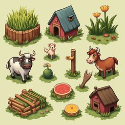 A pastoral scene features farm animals, a house, fence, tree, fruit, and flowers, all in a vibrant, cartoonish style.