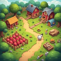 A picturesque farm scene features red and white buildings, lush trees, fields of red tomatoes, and a white sheep amidst greenery.