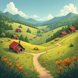 A picturesque rural landscape features red-roofed houses nestled among green hills, trees, and a winding dirt path.