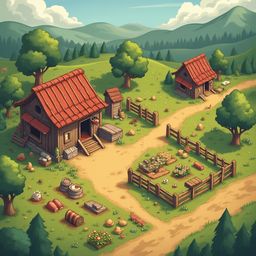 A picturesque rural scene features red-roofed wooden buildings, a dirt road, lush greenery, and majestic mountains.