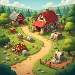 A picturesque rural village features a red-roofed house, wooden barn, milk tanks, and cows grazing amidst lush greenery.