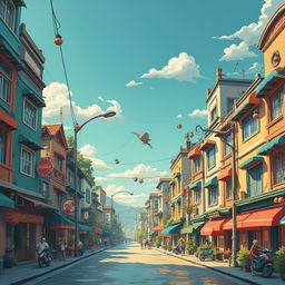 A picturesque street scene features colorful buildings, shops, restaurants, and people strolling, with a clear blue sky and birds in flight.