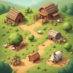 A picturesque village on a verdant hill features wooden buildings, animals, and people enjoying daily life.