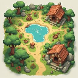 A picturesque village scene features a central pond, surrounded by trees and houses with red roofs, wooden structures, and scattered red flowers.
