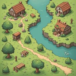 A picturesque village with red-roofed houses, a river, and lush greenery is set in a cartoon-style illustration.