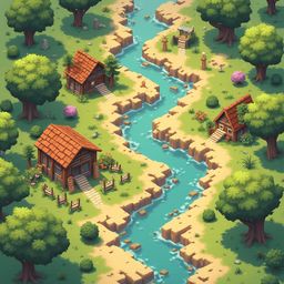 A picturesque village with red-roofed wooden buildings, winding blue-green river, and lush greenery is set in a forested area.