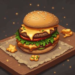 A pixel art burger with lettuce, tomato, cheese, and onions sits on a brown plate, surrounded by golden sauces and stars.