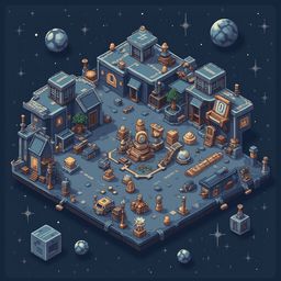 A pixel art isometric scene of a futuristic city, complete with buildings, vehicles, and celestial bodies, set against a dark blue starry sky.