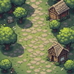 A pixel art scene features a winding path, wooden cabins, and trees, with small figures strolling and resting.