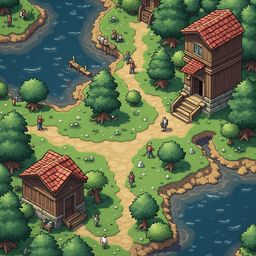 A pixel art scene features two wooden cabins, a dock, a river, and people strolling along a path, surrounded by trees and rocks.
