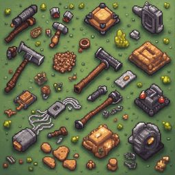 A pixel art scene features various metallic and stone objects, including hammers, drills, axes, swords, axes, crystals, bolts, nails, gold, silver, bronze, and gray objects, scattered across a grassy ground.