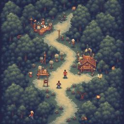A pixel art scene in a forest features two figures, a path with structures, and a dense canopy.