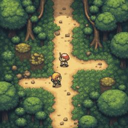 A pixel art scene shows a dirt path winding through a forest, with two characters walking along.