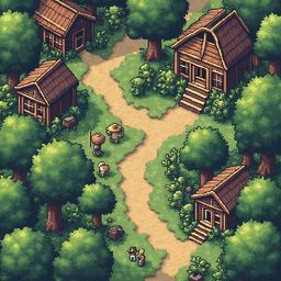 A pixel art scene shows two houses, a dirt path, and trees, with two characters walking along the path.