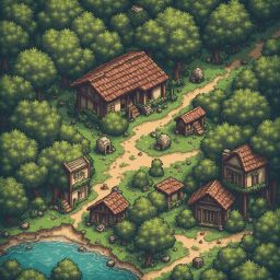 A pixel art village features a central building with a red roof, surrounded by smaller structures, trees, and a river.