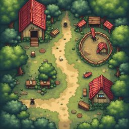 A pixel art village features red-roofed houses, a dirt road, a fenced-in area with animal shelters, and scattered trees and rocks.