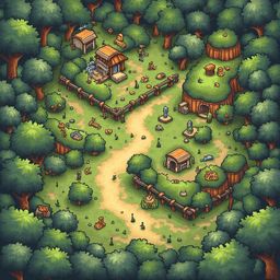 A pixel art village in a forest setting features buildings, trees, animals, and objects, with a dirt path and green foliage.